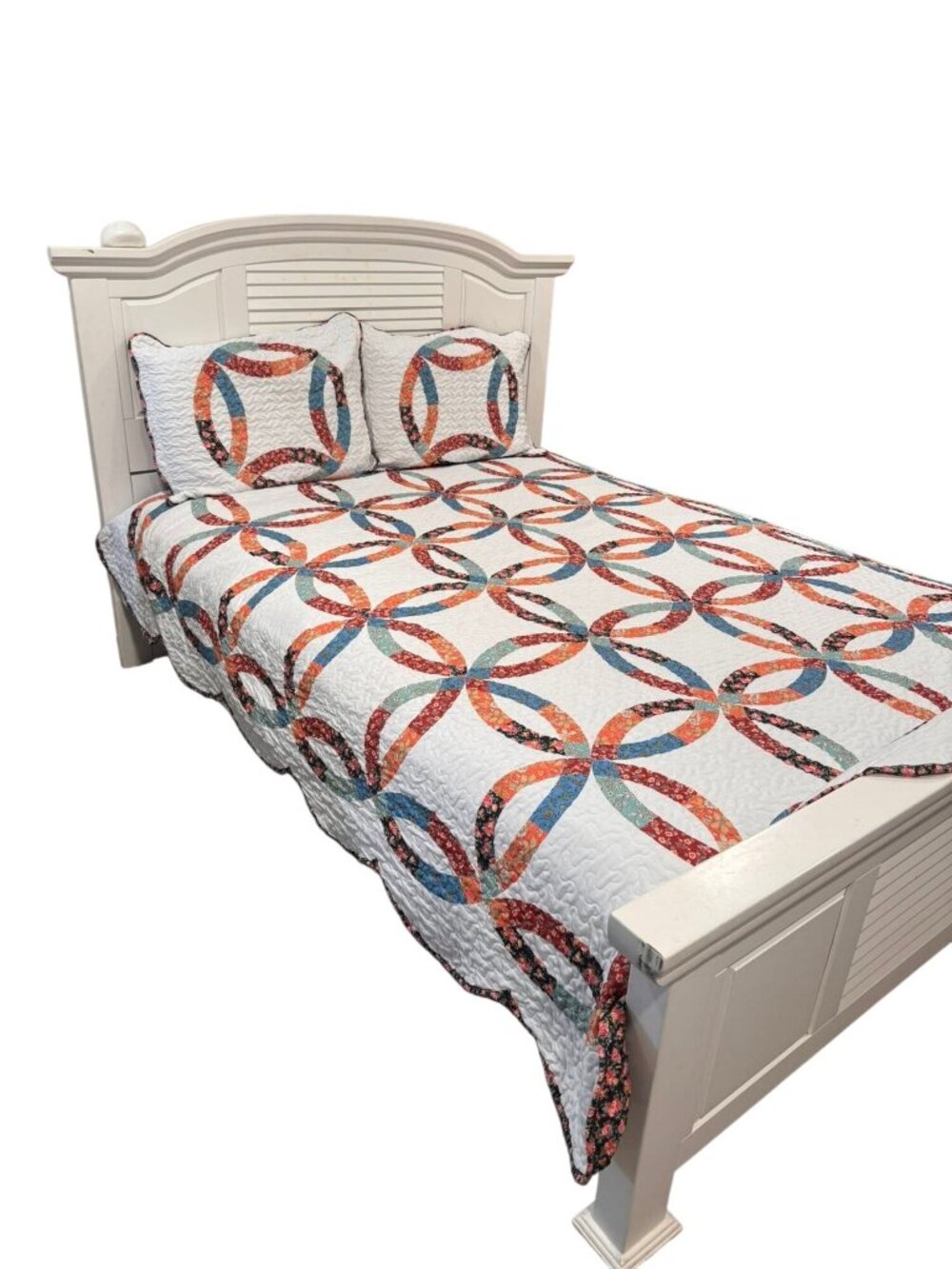 Vintage Reversible Queen Quilt Set Double Wedding Ring Floral White Patchwork